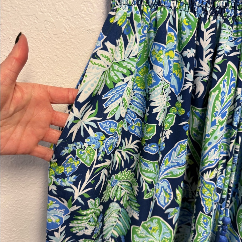 Gretchen Scott One Size Blue Green Tropical Smocked Strapless Midi Dress Tassel - Picture 4 of 9